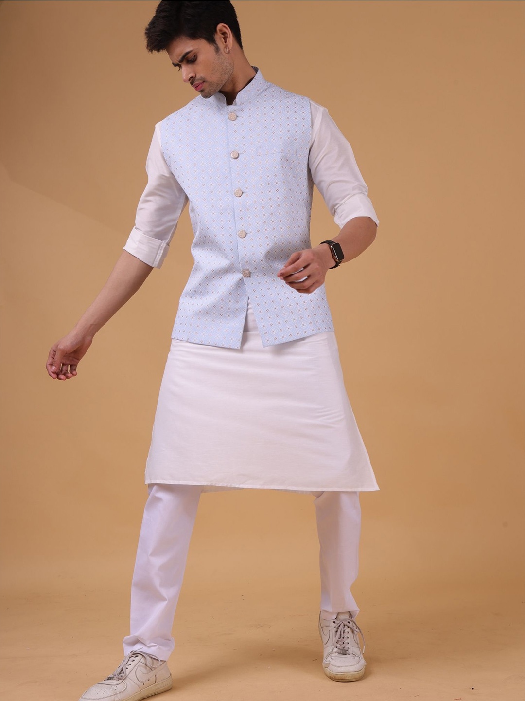 

SHIWAM ETHNIX Geometric Printed Cotton Linen Nehru Jacket, Blue