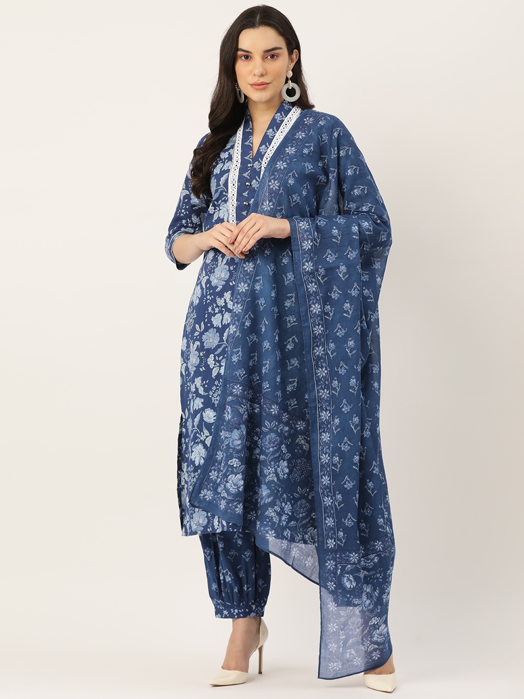 

Jaipur Morni Floral Printed Pure Cotton Kurta with Salwar & Dupatta, Navy blue