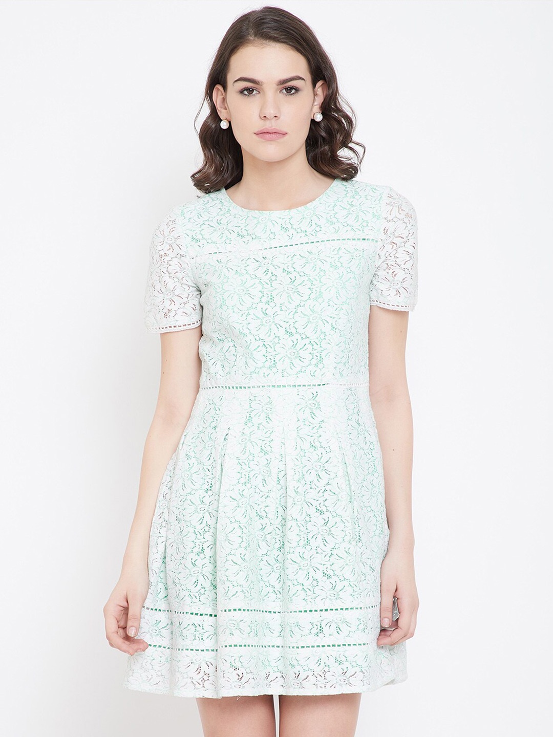 

DODO & MOA White Floral Self Design Round Neck Fit & Flare Dress