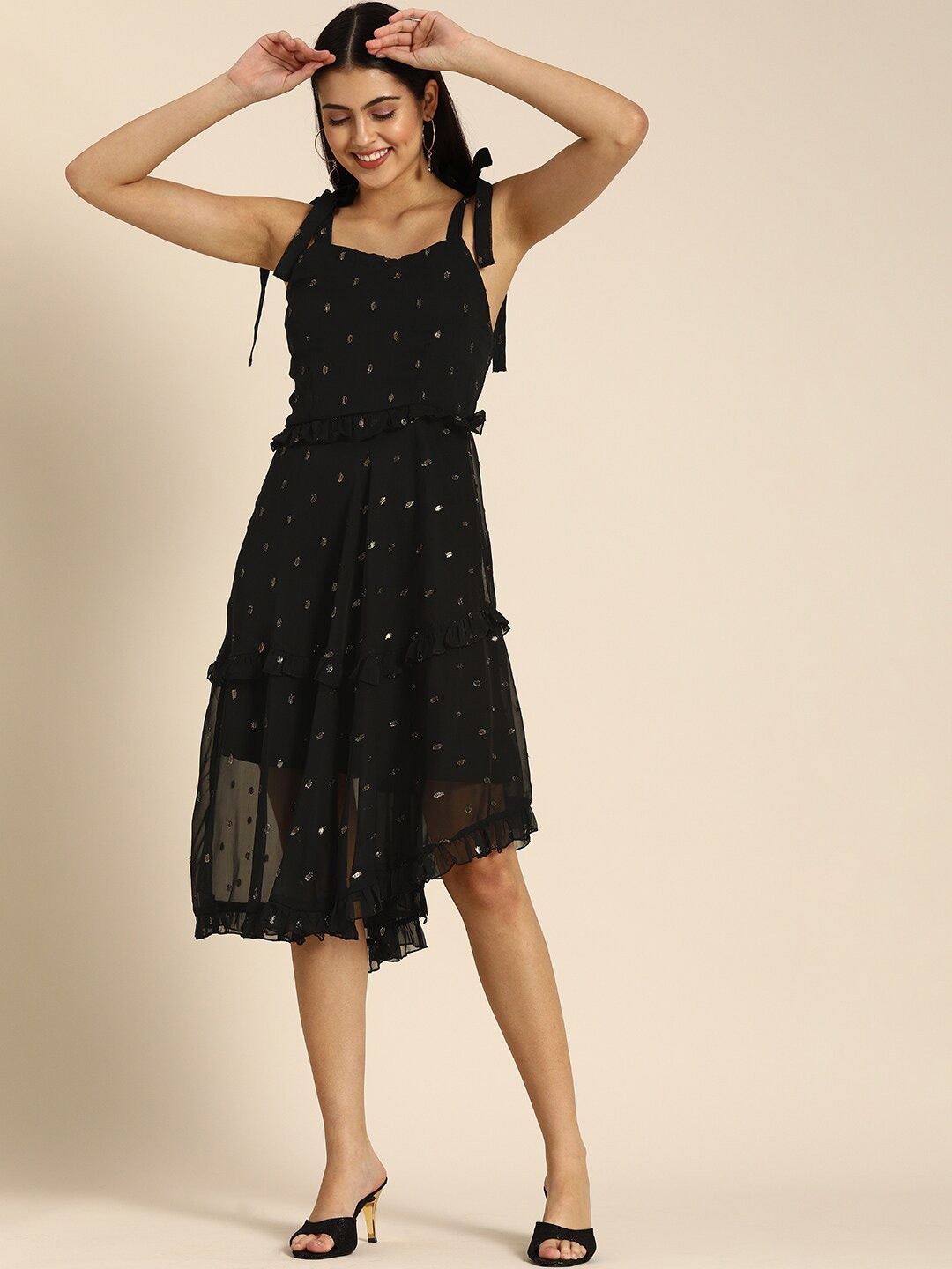 

DODO & MOA Embellished Flared Opaque Fit & Flare Dress, Brown