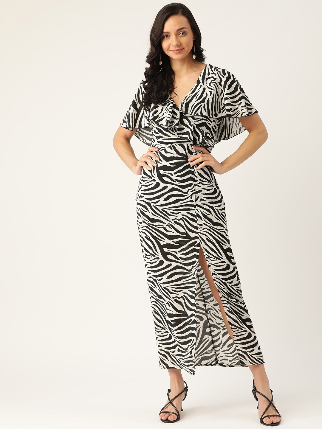 

DODO & MOA White Animal Printed V-Neck Ruffled Maxi Dress