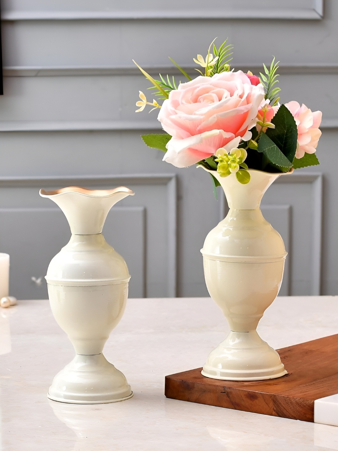 

CraftVatika 2 Pieces Cream Coloured Metal Flower Vases