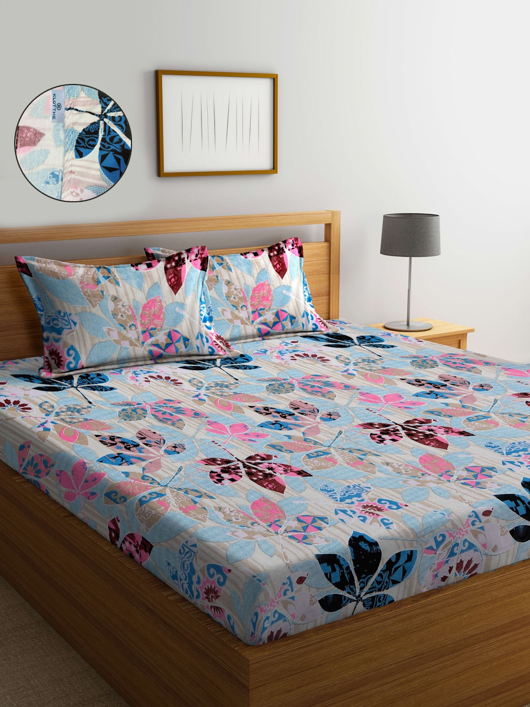 

KLOTTHE BLue & Pink Leaves Printed 300TC Wool Double Bedsheet With 2 Pillow Covers