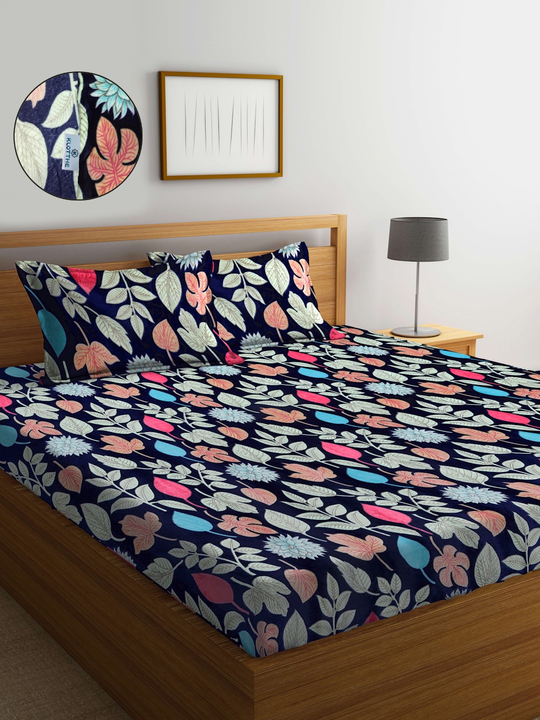 

KLOTTHE Blue & Black Floral Printed 300 TC Wool Double Bedsheet With 2 Pillow Covers