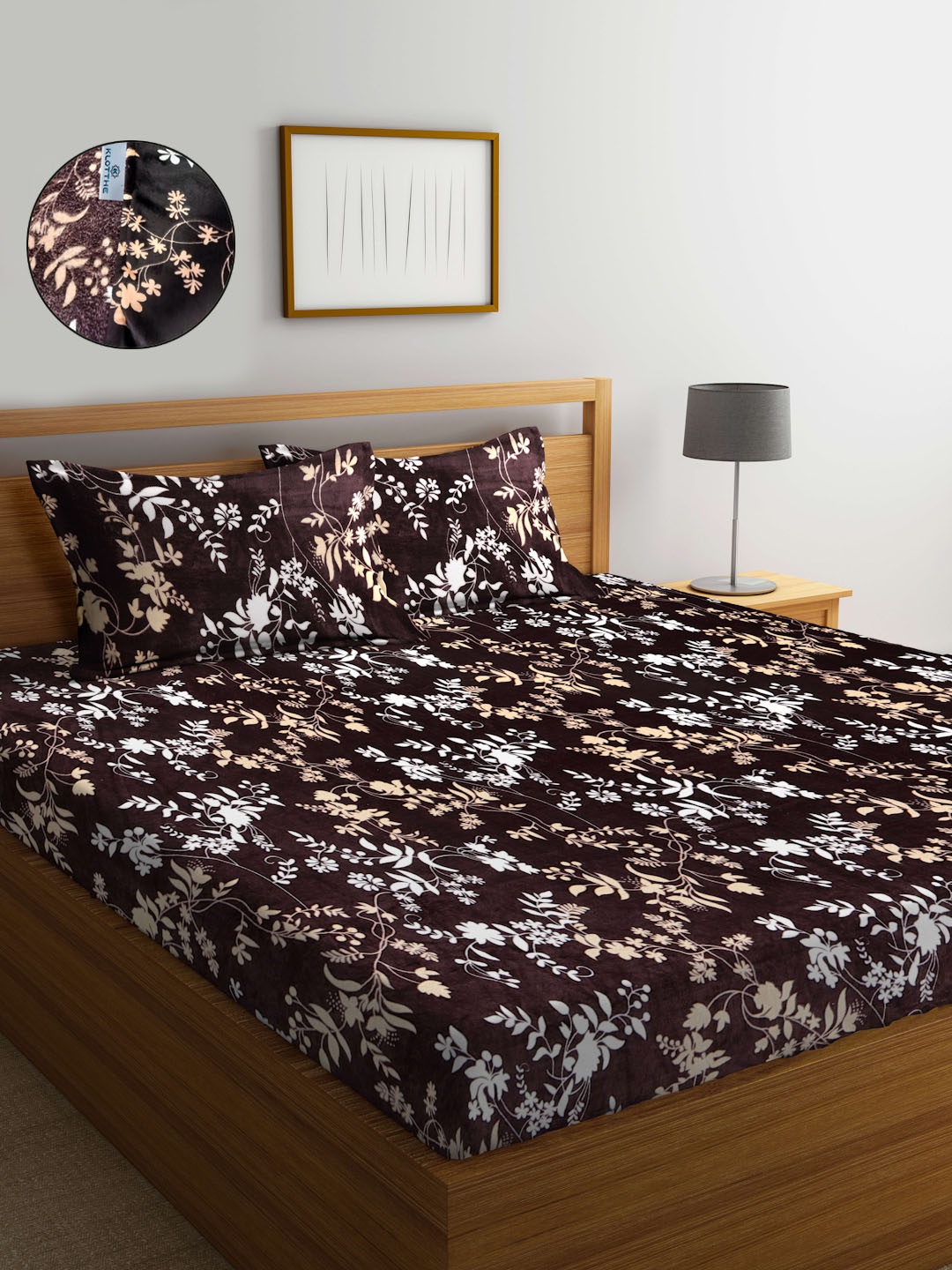 

KLOTTHE Brown Floral Woolen Fitted Double Bed Sheet with 2 Pillow Covers