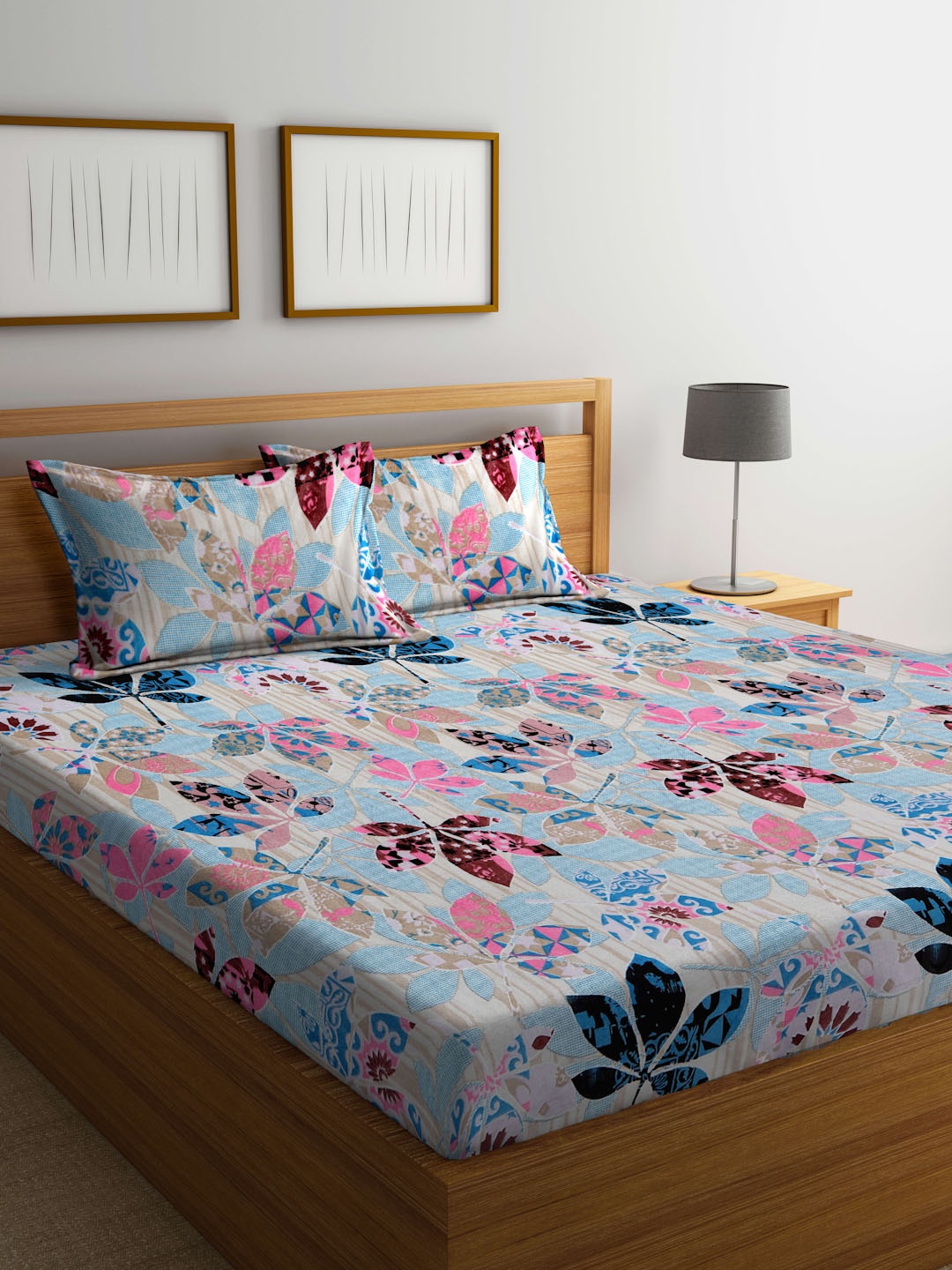 

KLOTTHE Blue & Pink Floral Printed 300 TC Wool Double Bedsheet With 2 Pillow Covers