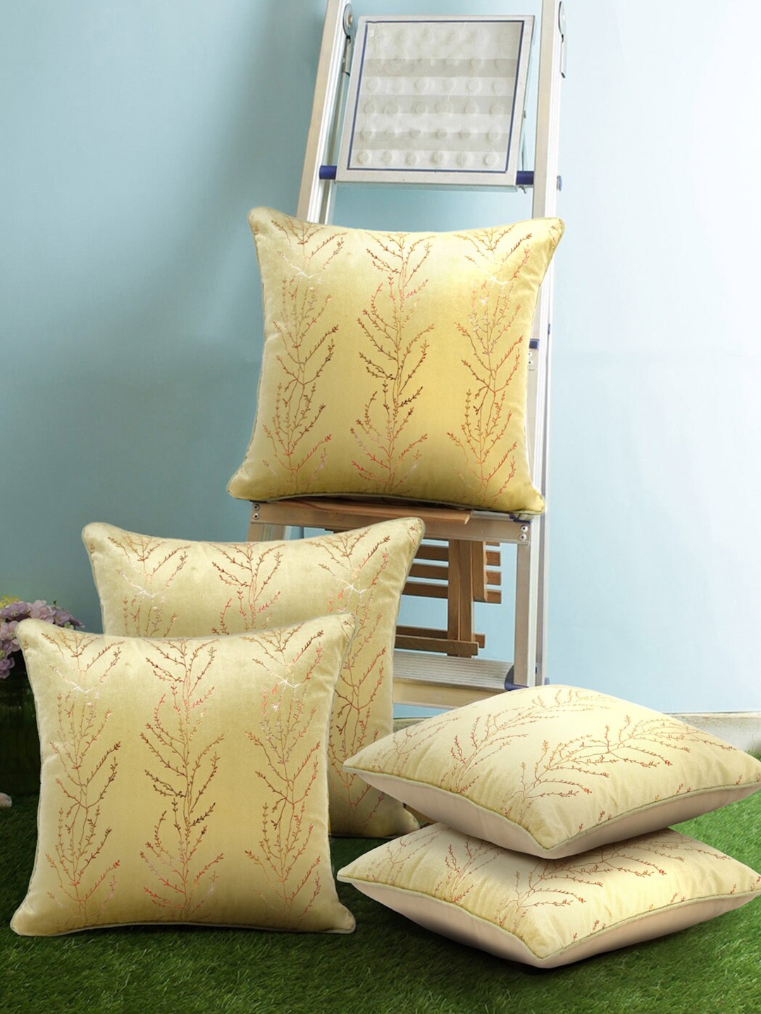 

Cortina Yellow 5 Pieces Floral Velvet Square Cushion Covers