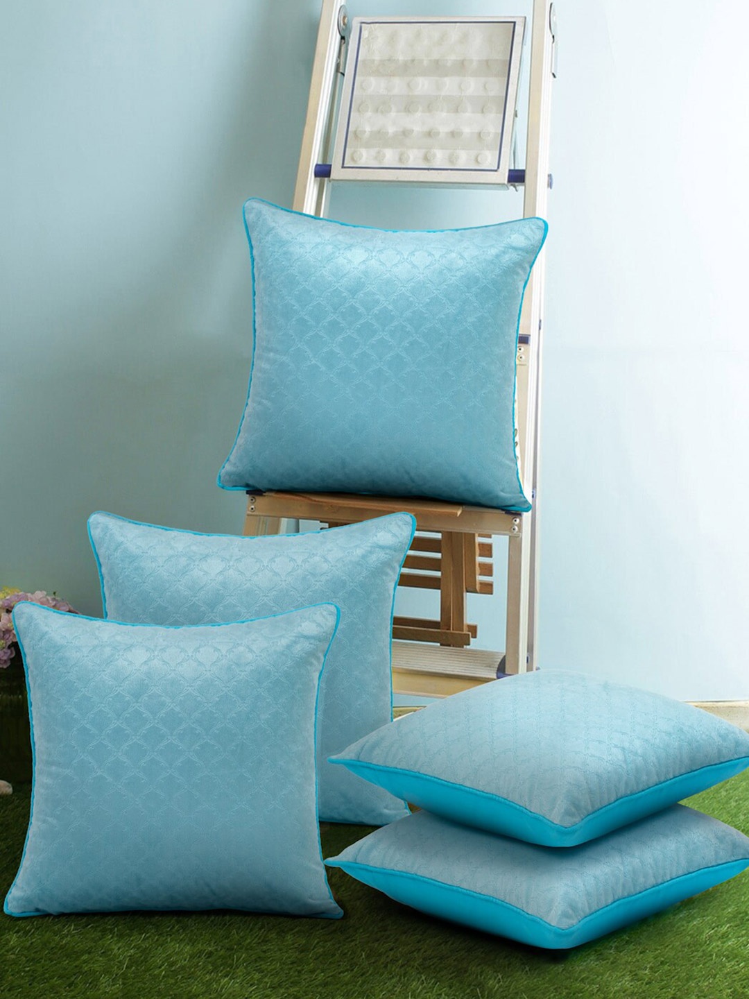 

Cortina Blue 5 Pieces Self Design Velvet Square Cushion Covers