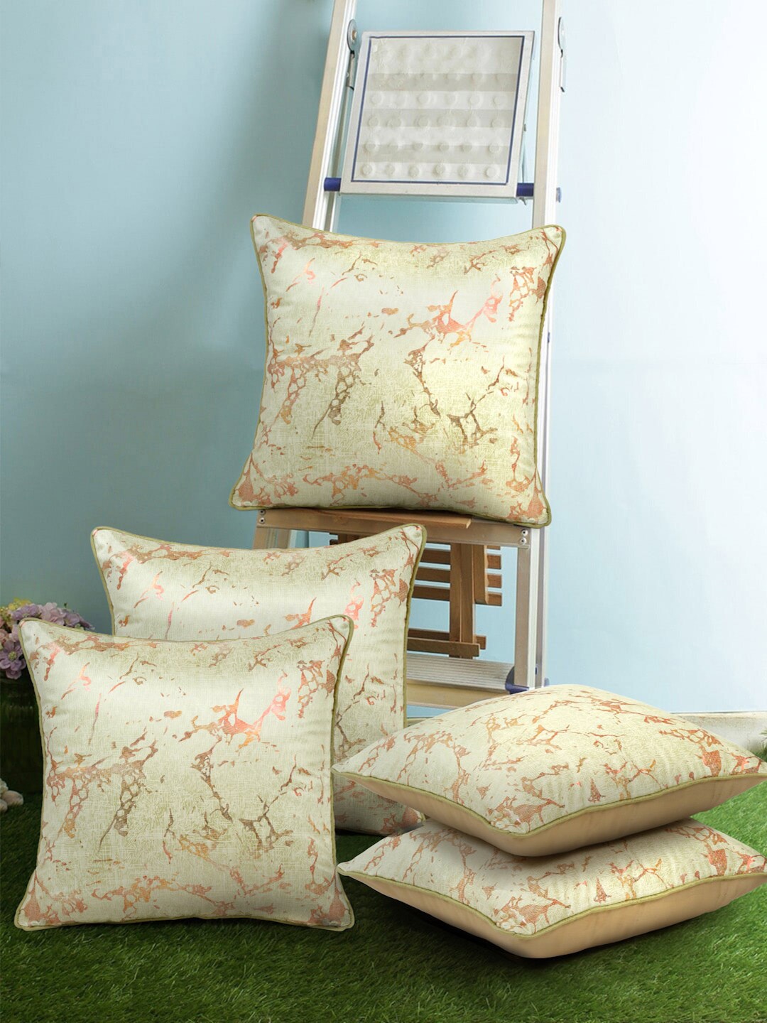 

Cortina Cream & Gold Toned 5 Pieces Square Cushion Covers