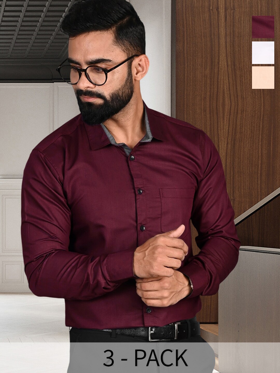 

7Threads Pack of 3 Standard Spread Collar Long Sleeves Formal Shirt, Maroon
