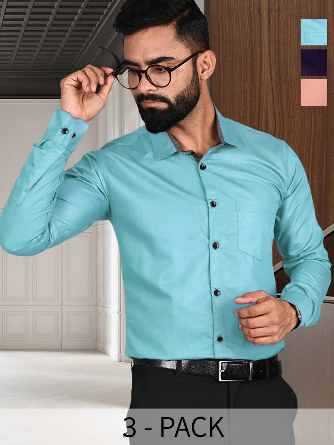 

7Threads Standard Pack Of 3 Cotton Casual Shirts, Blue