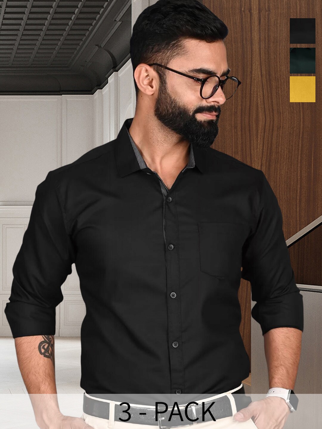 

7Threads Pack of 3 Standard Spread Collar Long Sleeves Formal Shirt, Black