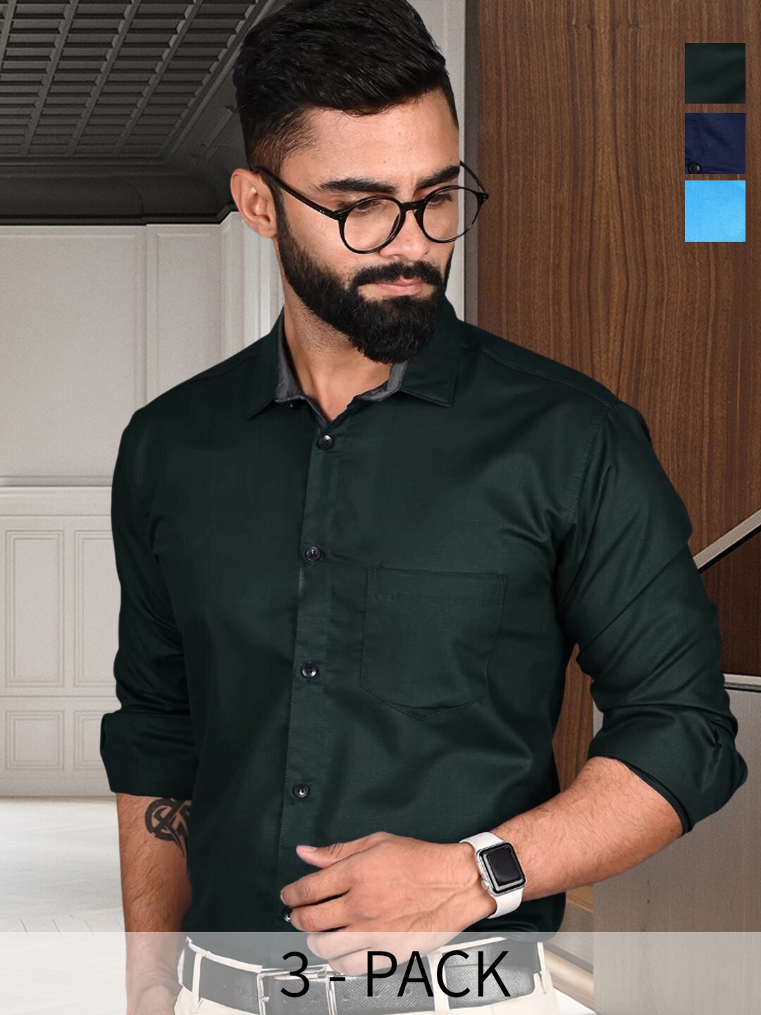 

7Threads Pack of 3 Standard Spread Collar Long Sleeves Formal Shirt, Green