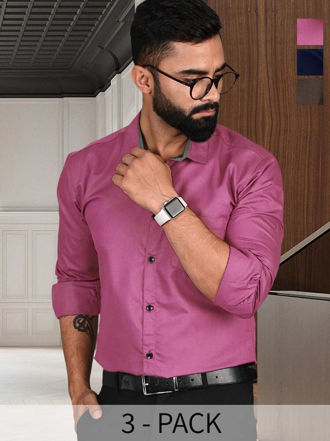 

7Threads Pack Of 3 Standard Fit Long Sleeve Formal Shirt, Pink