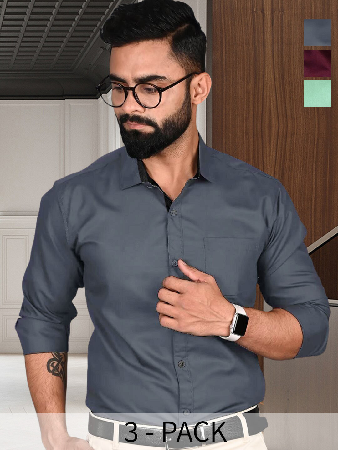 

7Threads Pack of 3 Standard Spread Collar Long Sleeves Formal Shirt, Grey