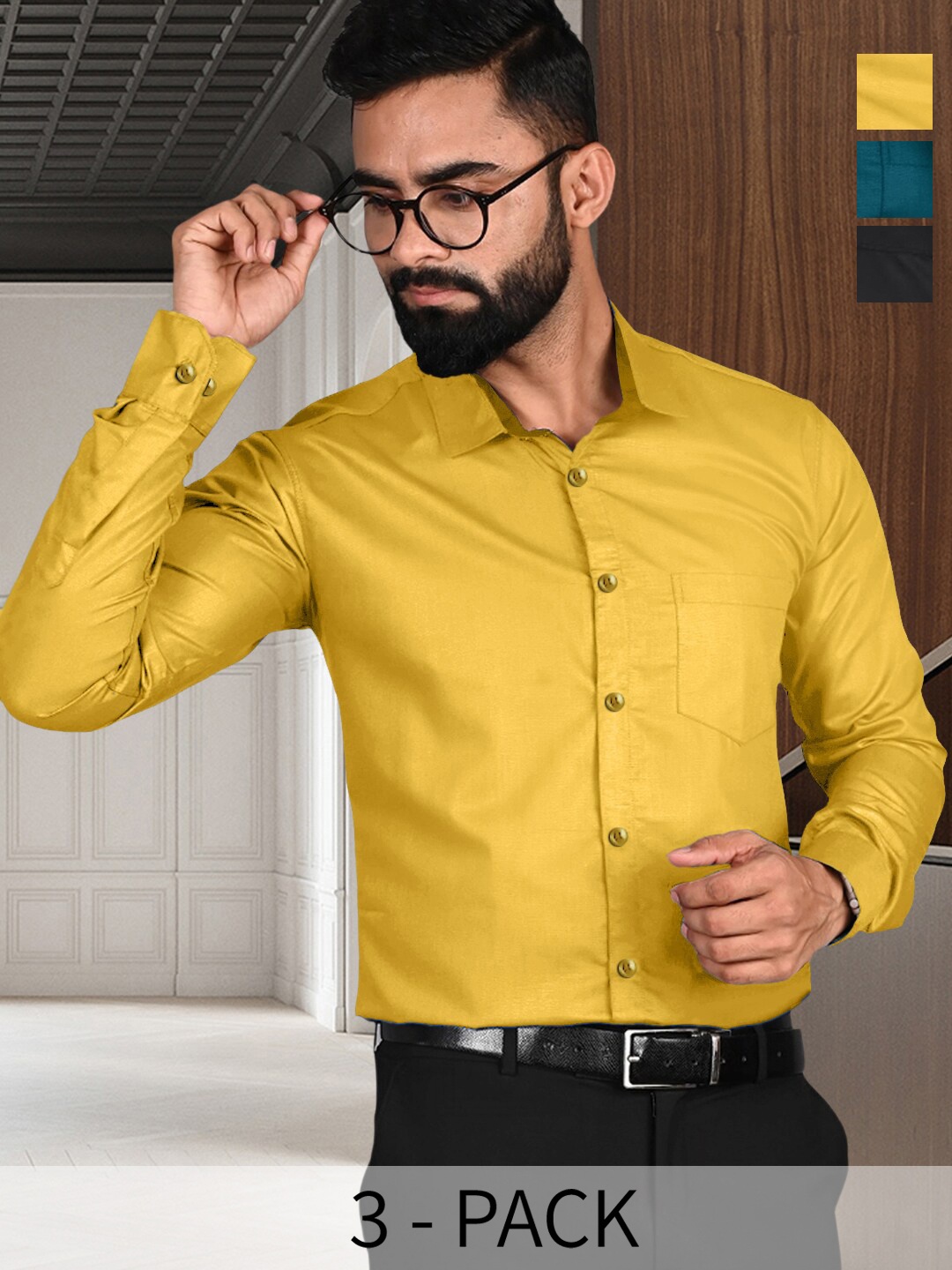 

7Threads Pack Of 3 Standard Fit Long Sleeve Formal Shirt, Yellow