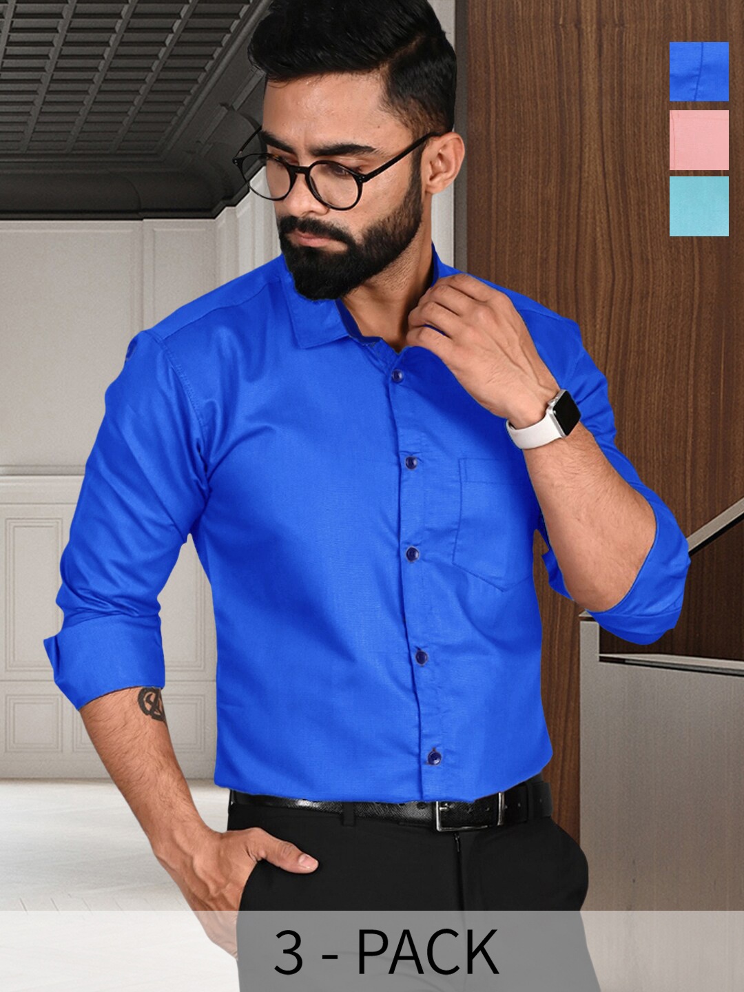 

7Threads Pack Of 3 Standard Fit Long Sleeve Formal Shirt, Blue