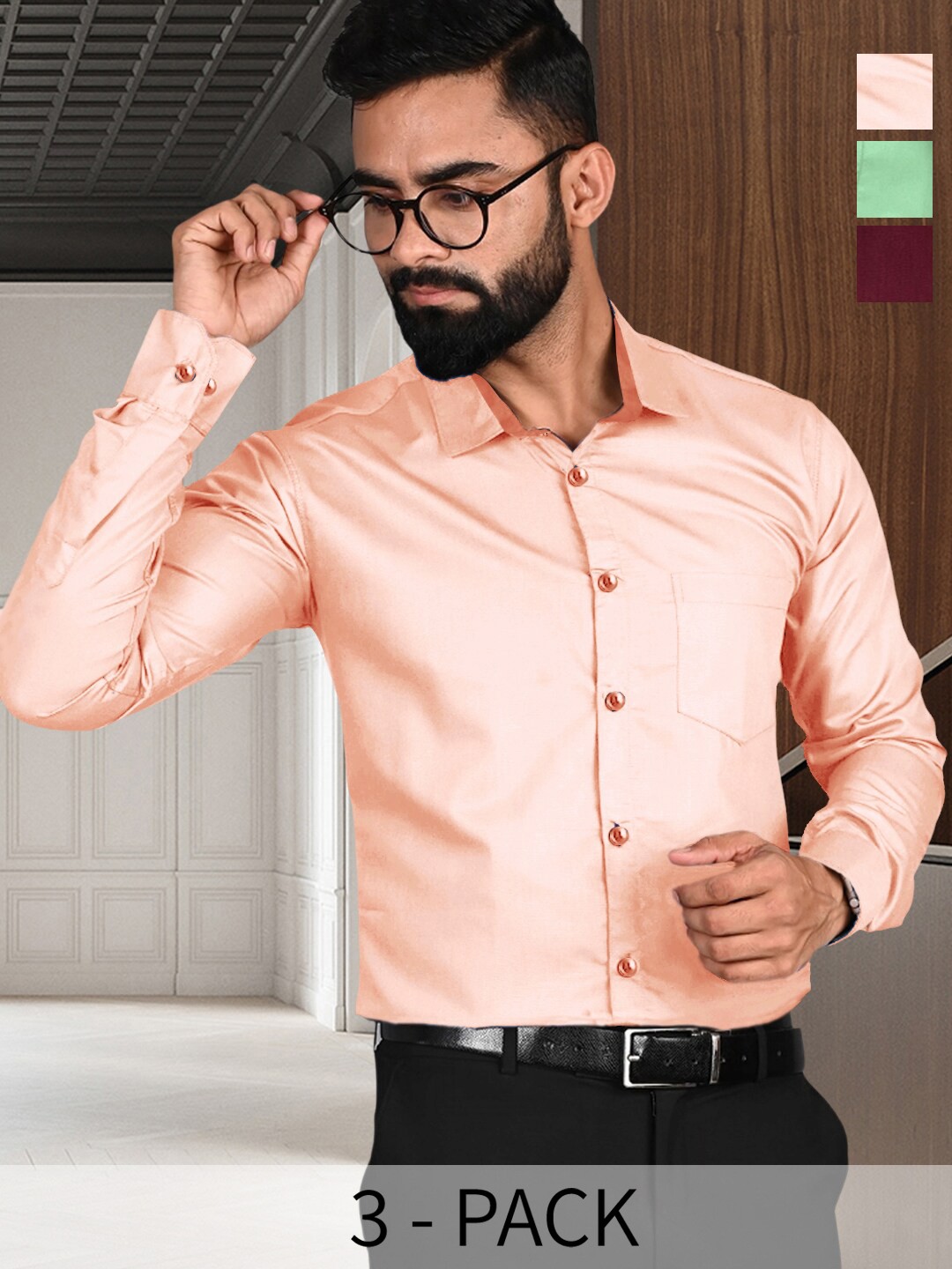

7Threads Pack Of 3 Standard Fit Long Sleeve Formal Shirt, Green