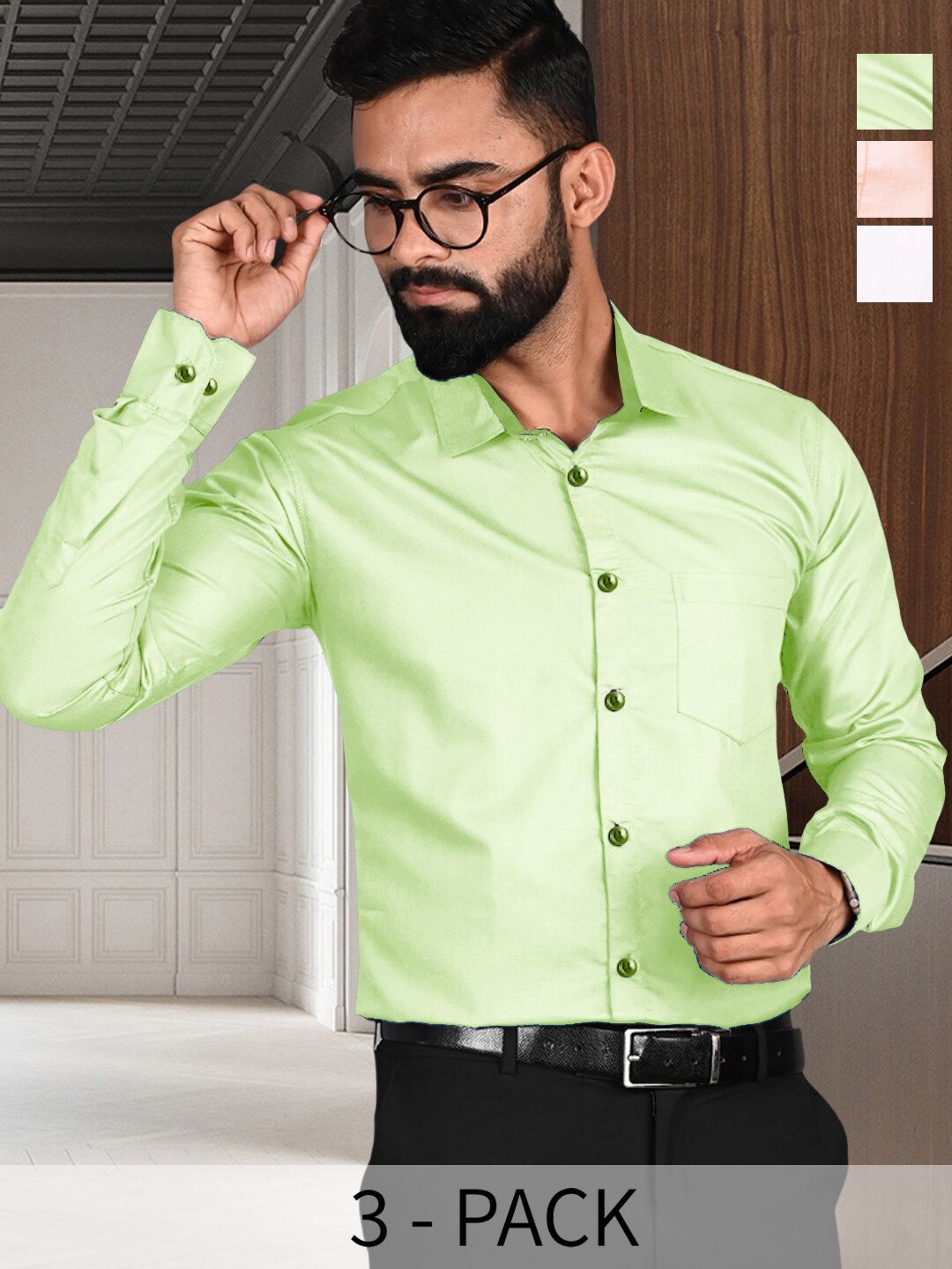 

7Threads Pack Of 3 Standard Fit Long Sleeve Formal Shirt, Green