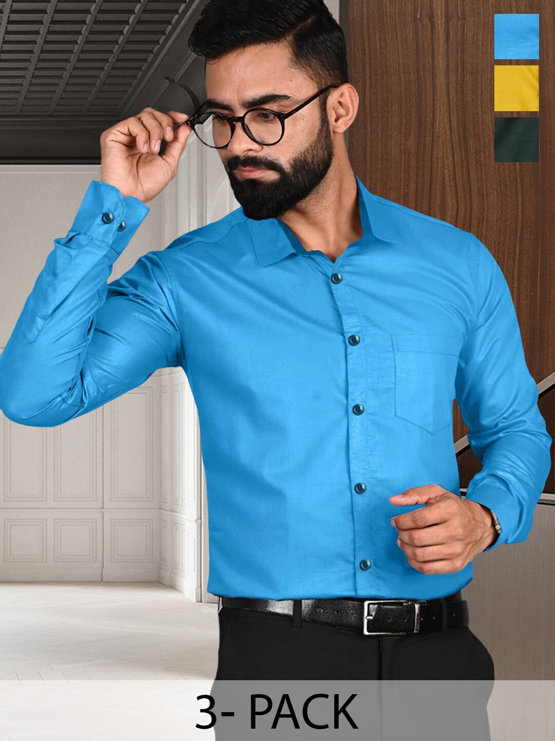 

7Threads 3 Pcs Spread Collar Cotton Opaque Formal Shirt, Blue