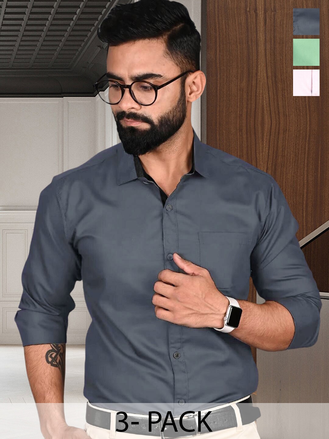 

7Threads 3 Pcs Spread Collar Cotton Opaque Formal Shirt, Grey