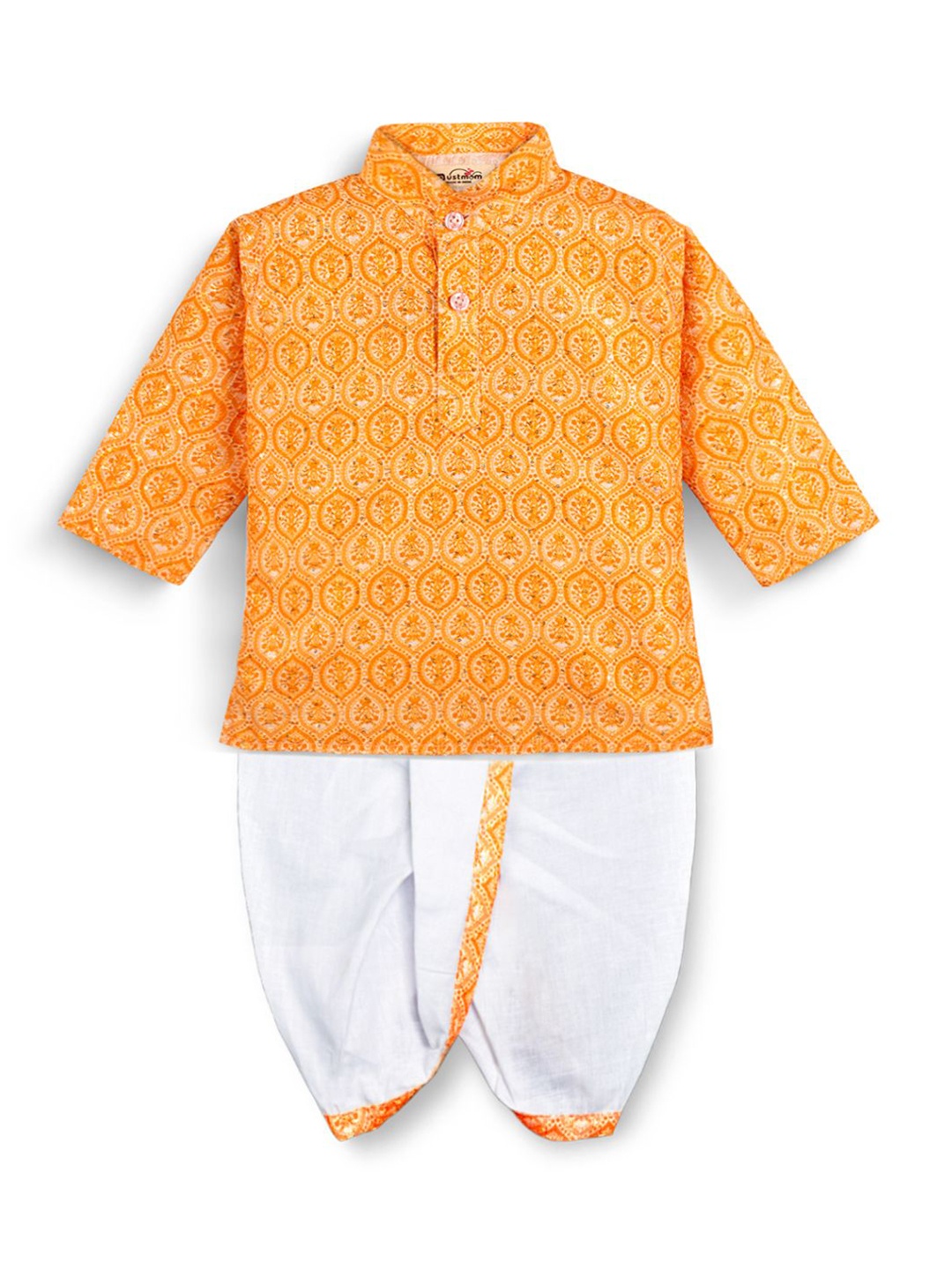 

BAESD Boys Ethnic Motifs Embroidered Chanderi Cotton Kurta With Dhoti Pants, Yellow