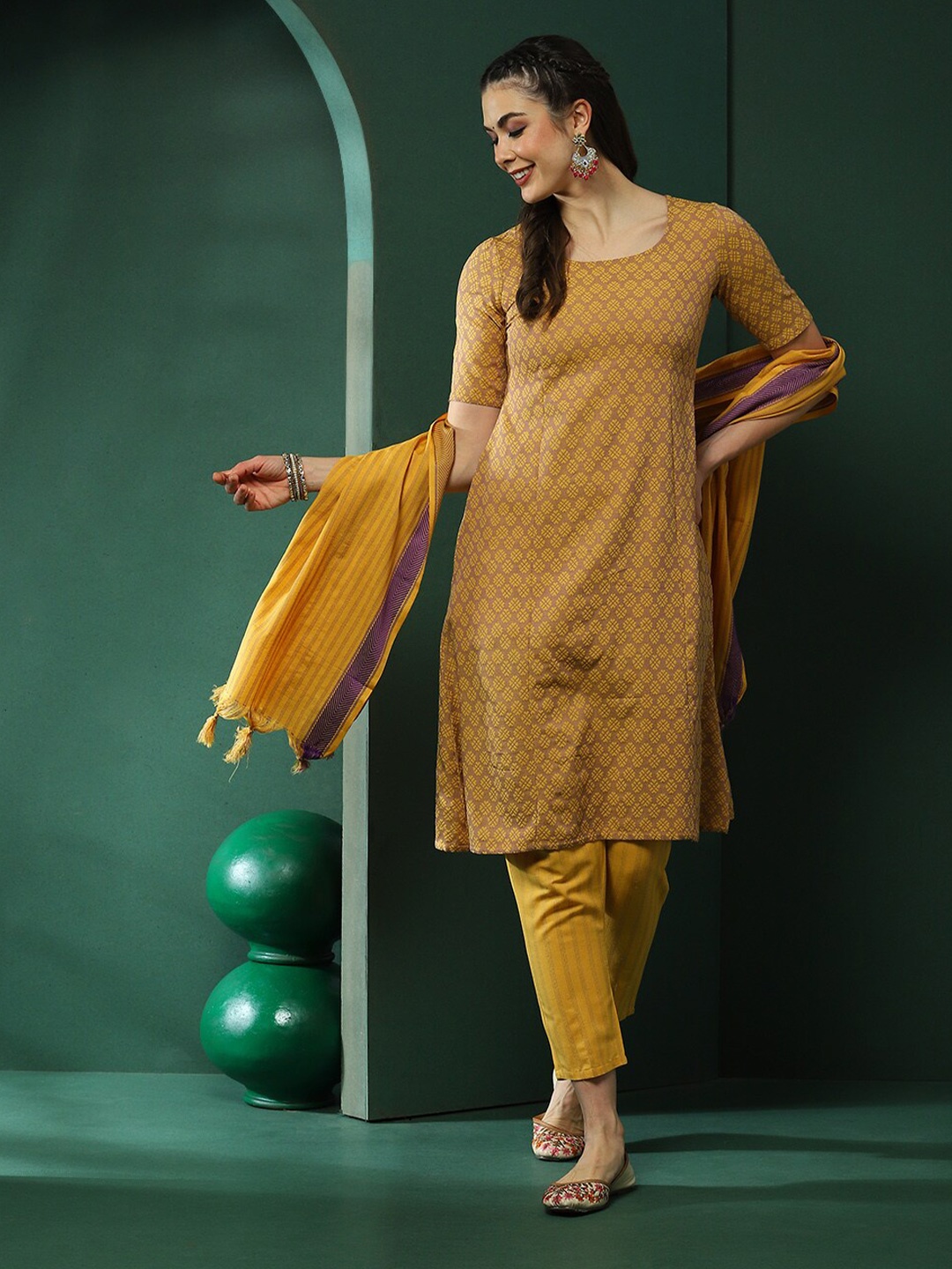 

AKS Ethnic Motifs Printed Round Neck Kurta With Trousers & Dupatta, Mustard