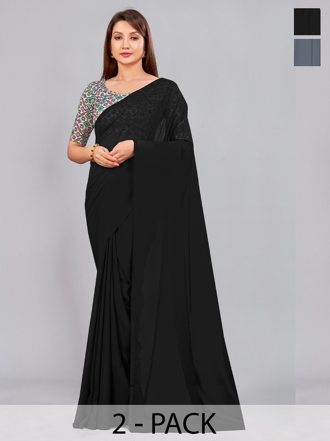 

CastilloFab Selection Of 2 Pure Georgette Saree, Black