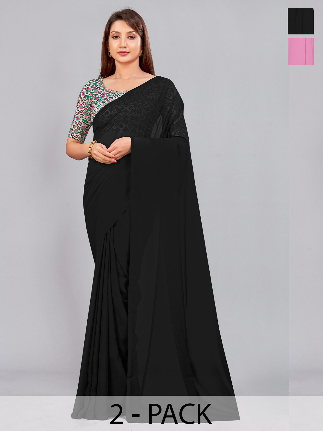 

CastilloFab Selection of 2 Pure Georgette Sarees, Black