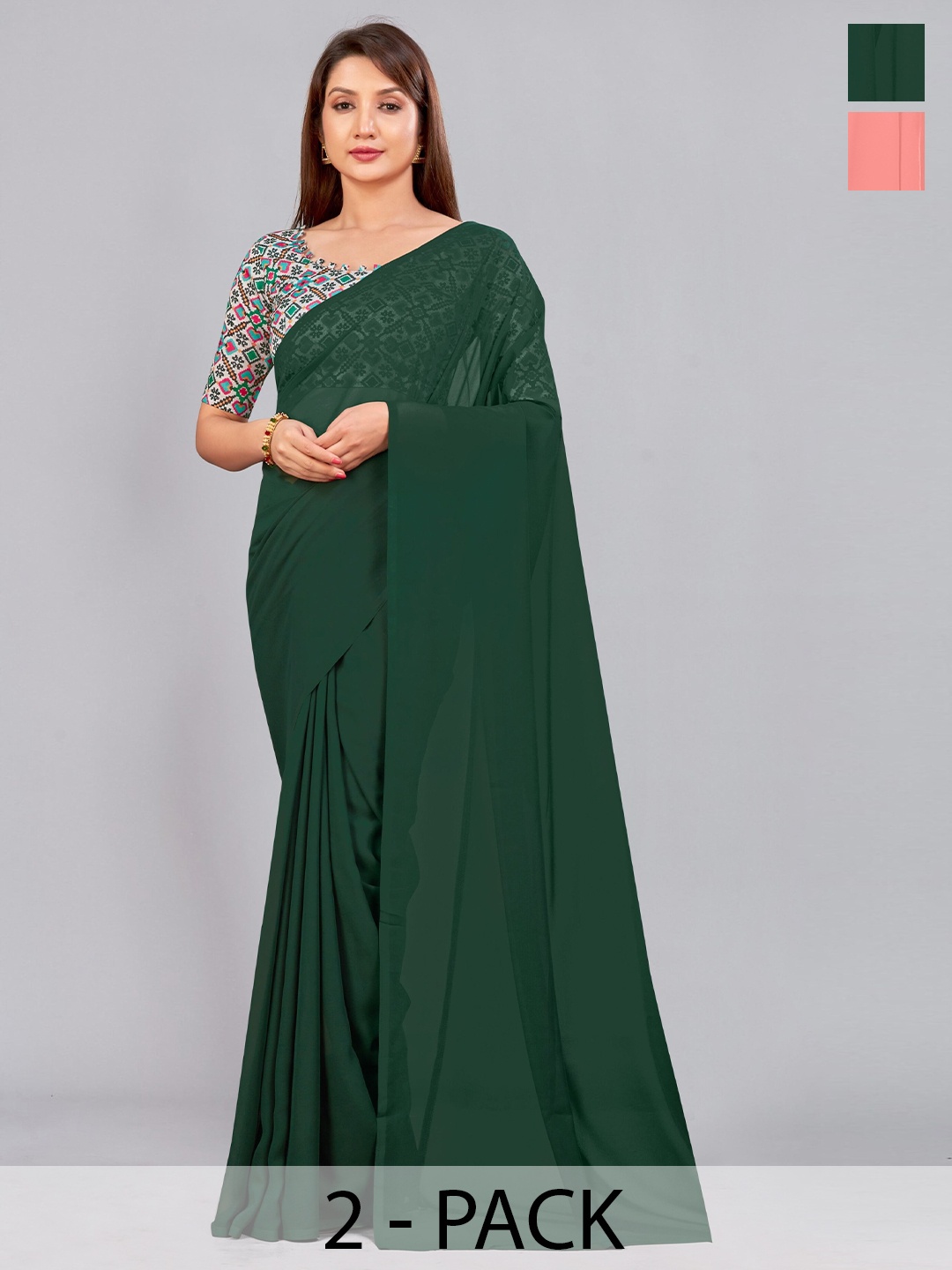 

CastilloFab Selection Of 2 Ethnic Pure Georgette Sarees, Green