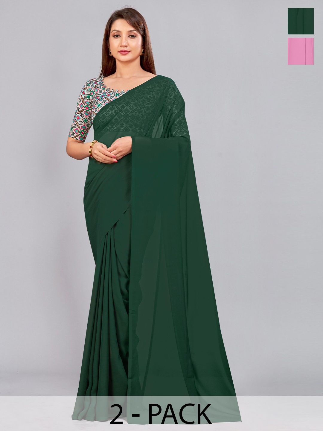 

CastilloFab Selection Of 2 Pure Georgette Saree, Green