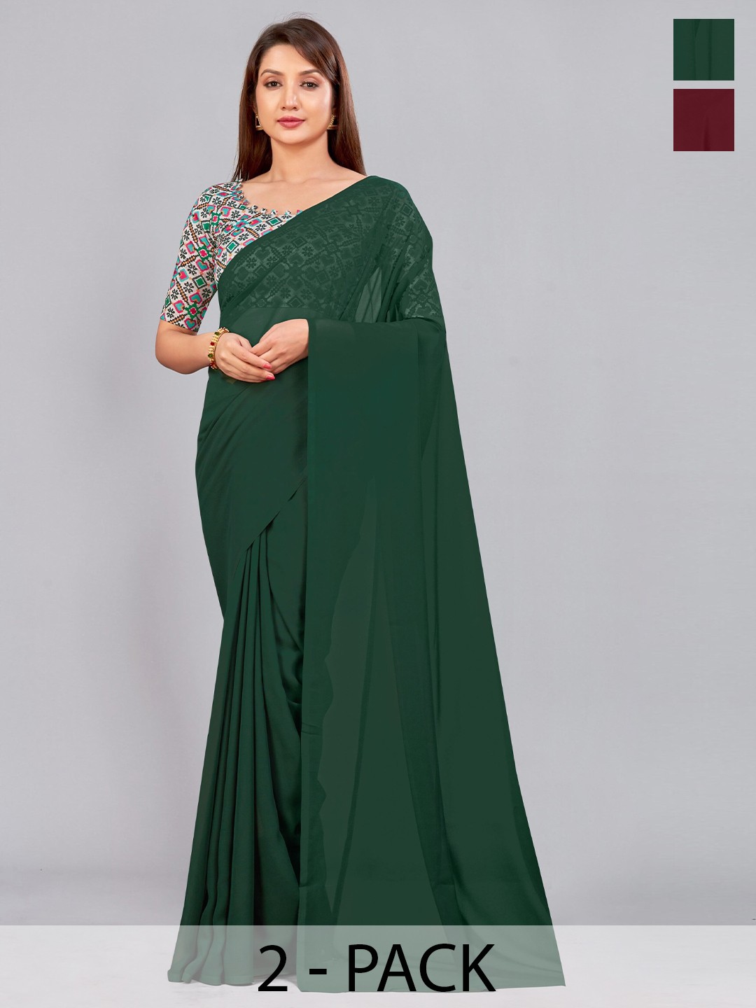 

CastilloFab Selection of 2 Pure Georgette Saree, Green