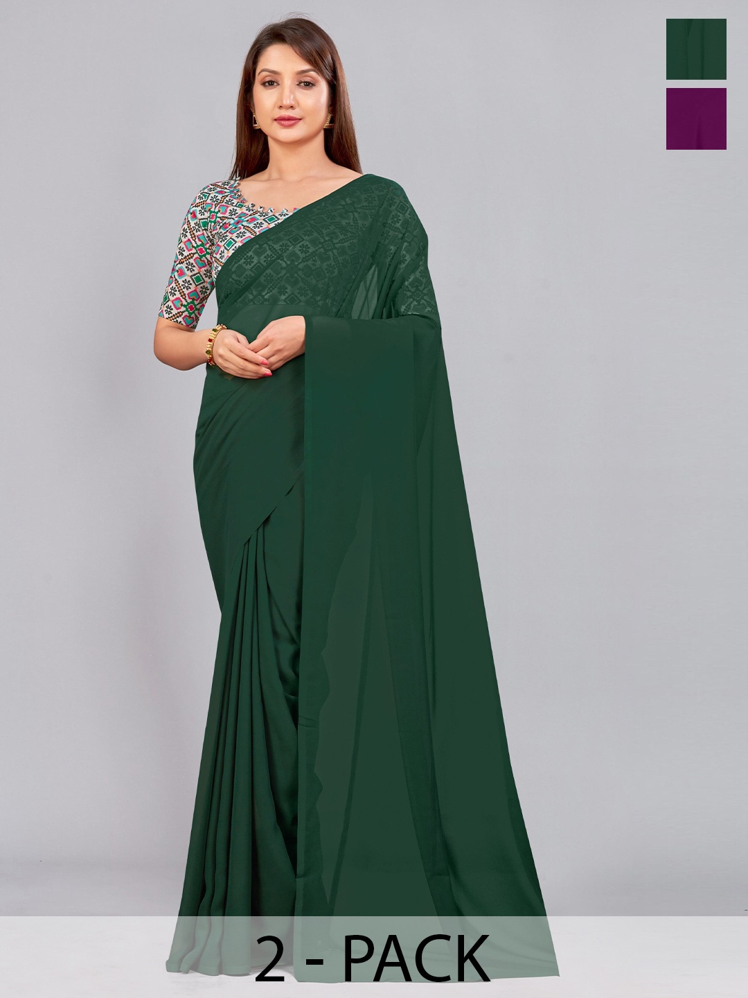 

CastilloFab Selection of 2 Pure Georgette Sarees, Green