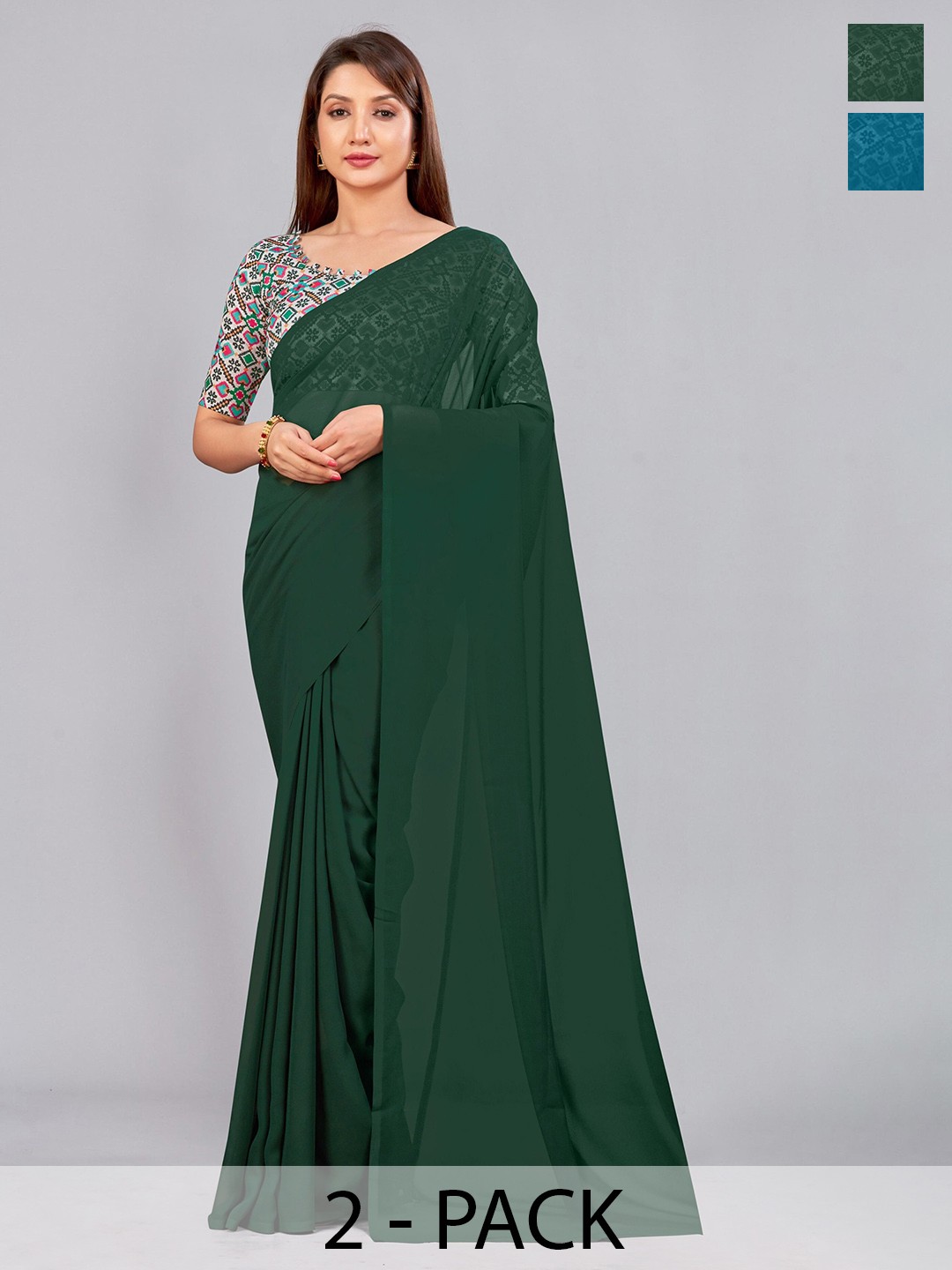 

CastilloFab Selection of 2 Pure Georgette Saree, Green