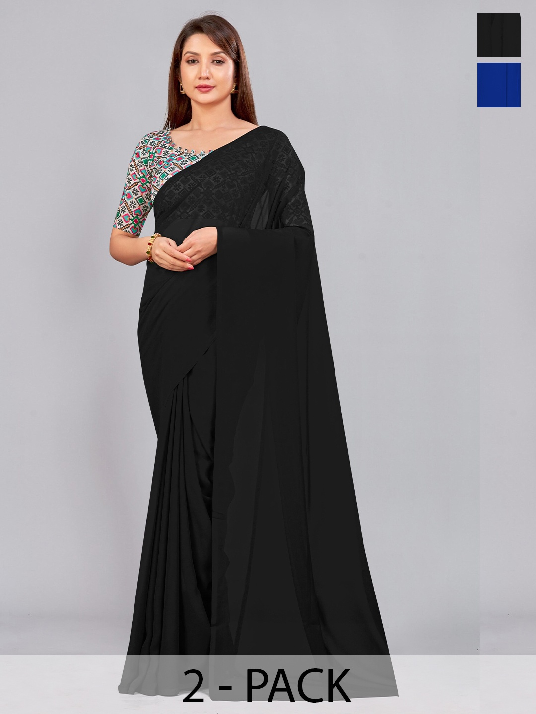 

CastilloFab Selection Of 2 Ethnic Pure Georgette Sarees, Black