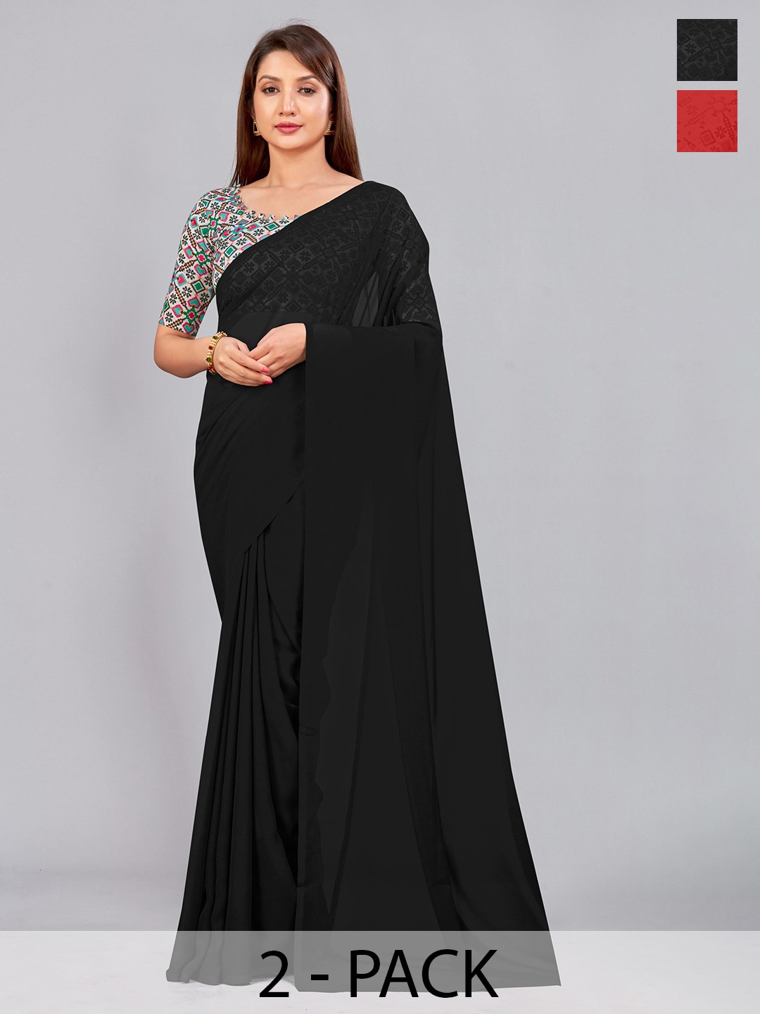 

CastilloFab Selection of 2 Pure Georgette Saree, Black