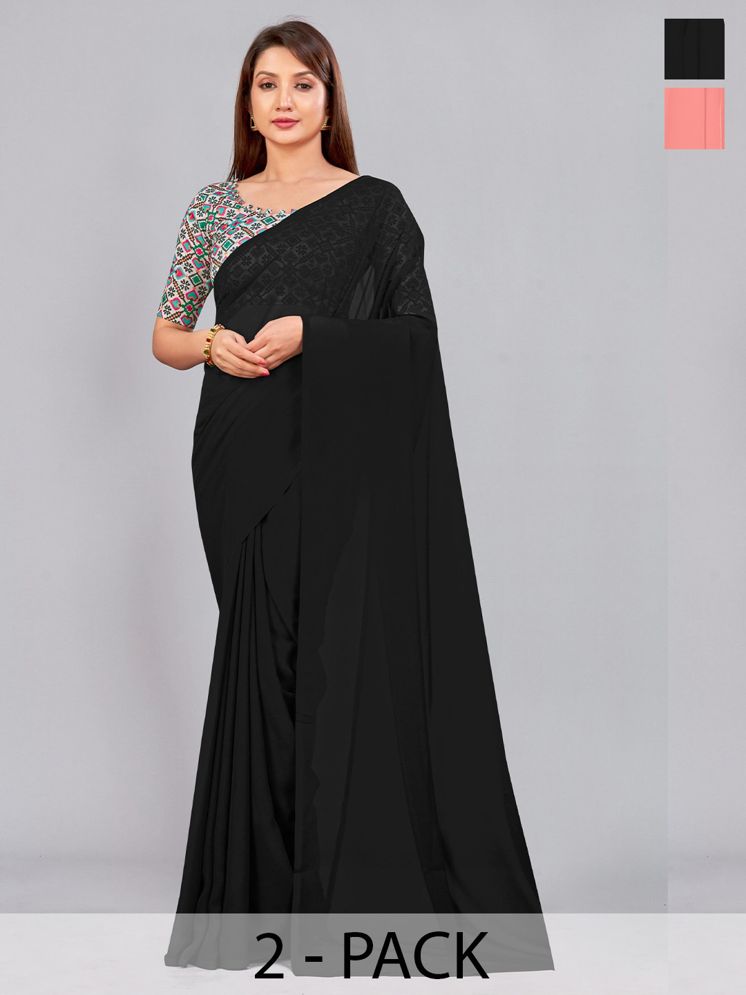 

CastilloFab Selection of 2 Pure Georgette Saree, Black