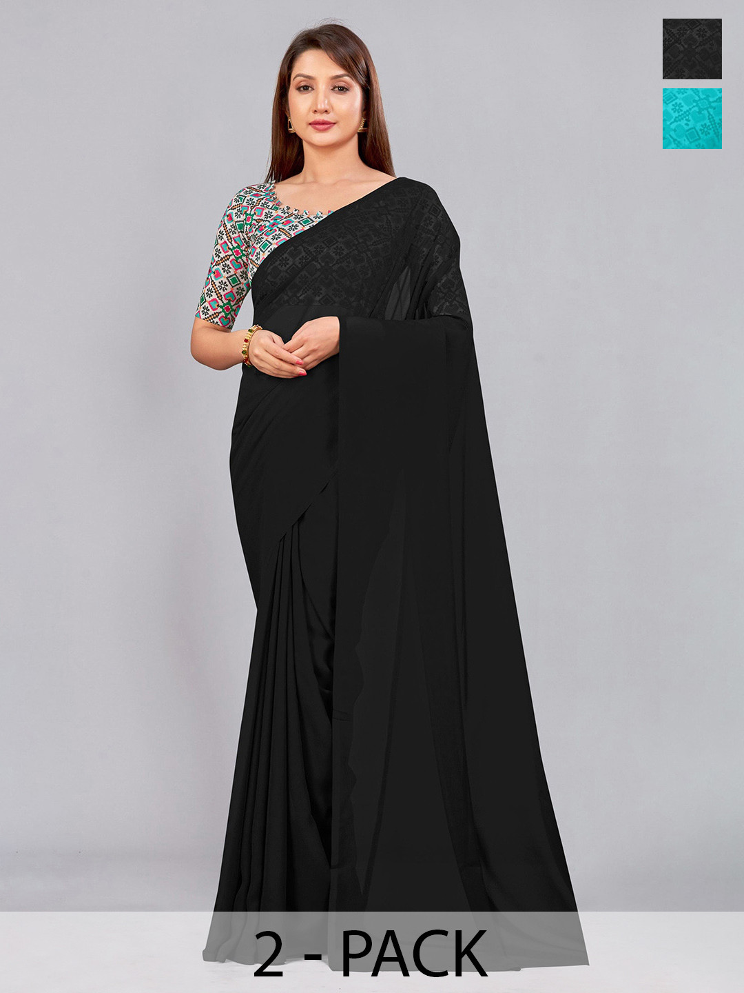 

CastilloFab Selection Of 2 Ethnic Pure Georgette Sarees, Black