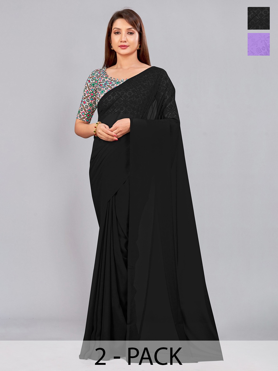 

CastilloFab Selection of 2 Pure Georgette Sarees, Black