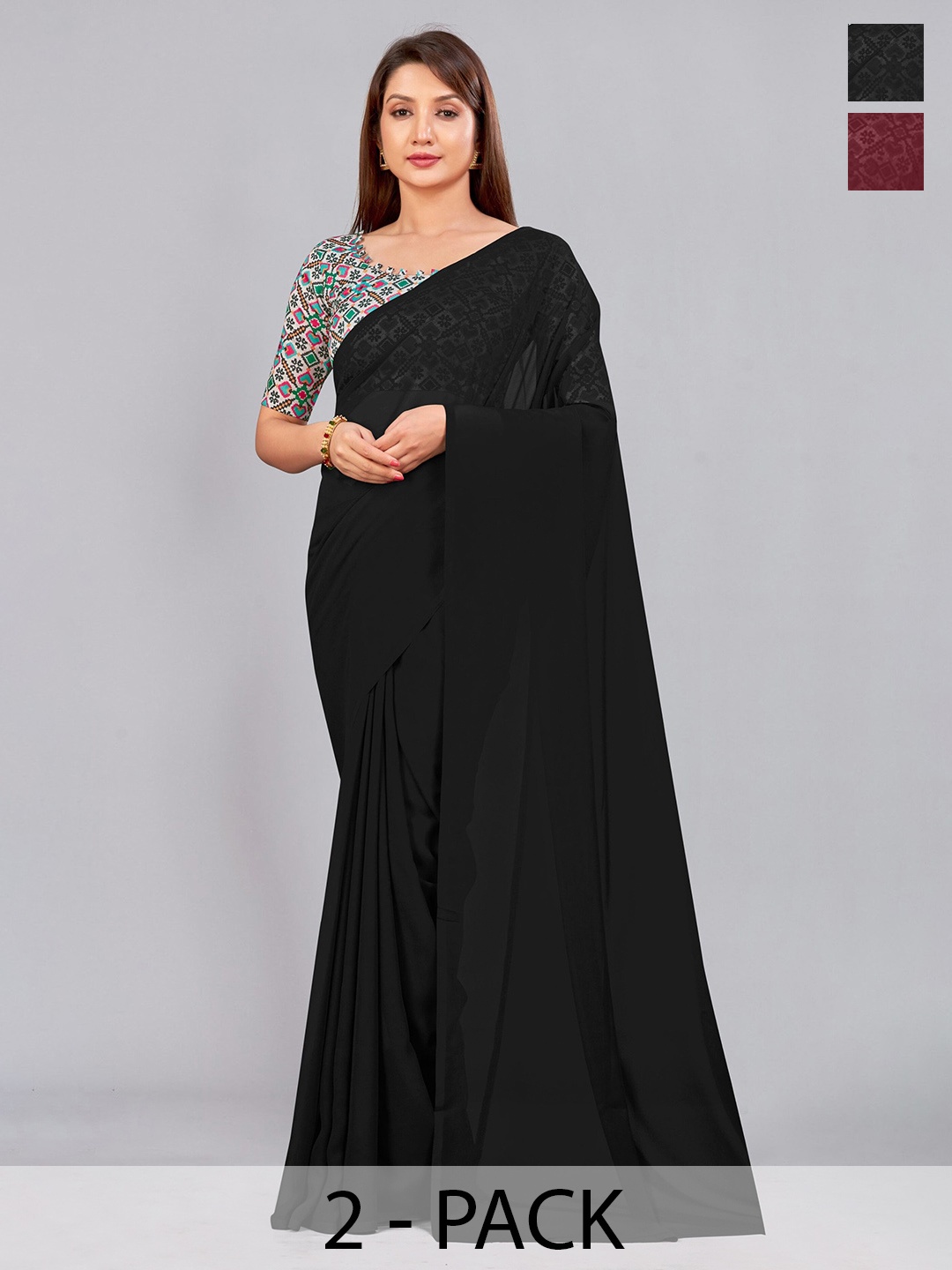 

CastilloFab Selection Of 2 Pure Georgette Saree, Black