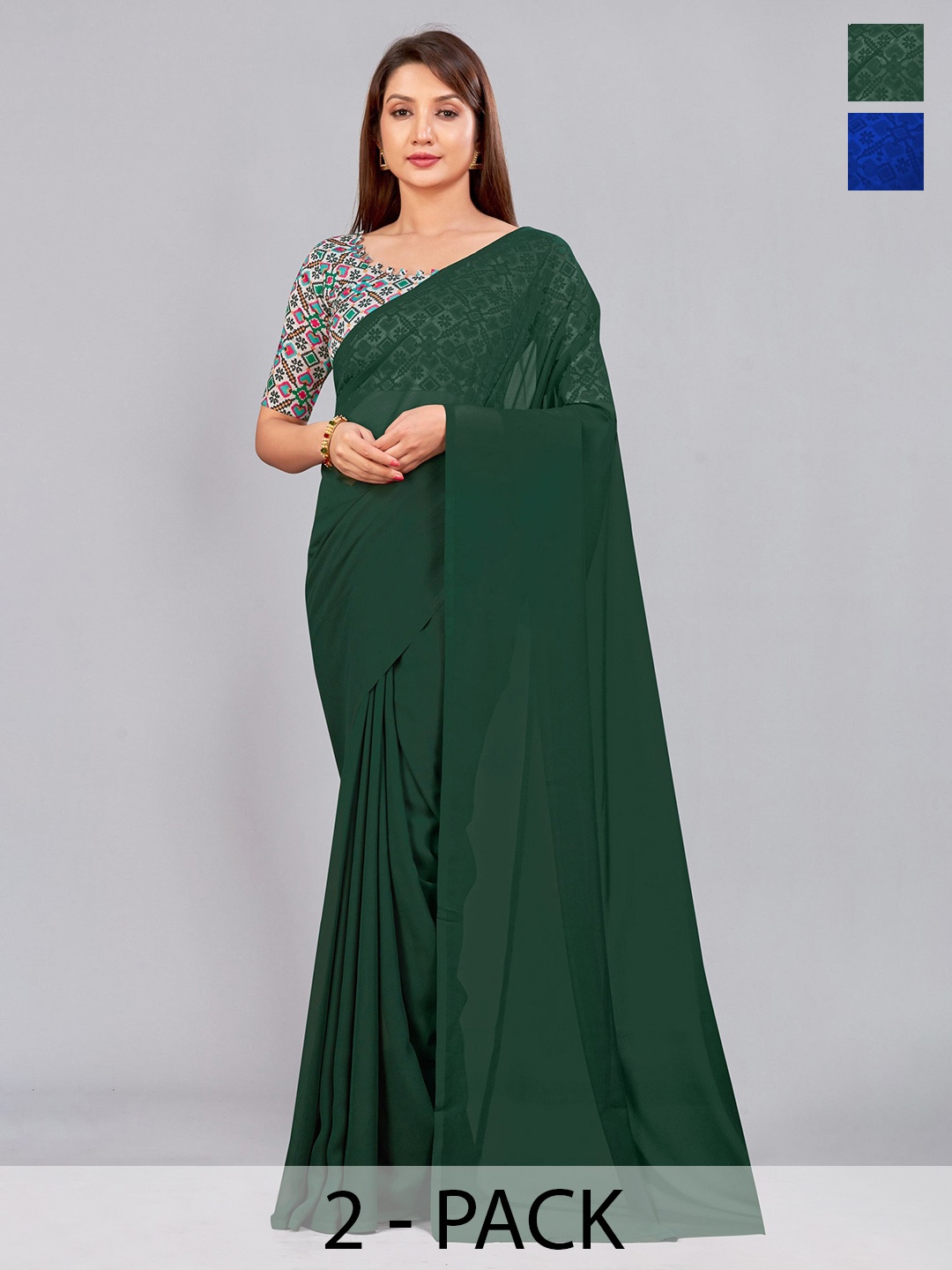 

CastilloFab Selection of 2 Pure Georgette Saree, Green