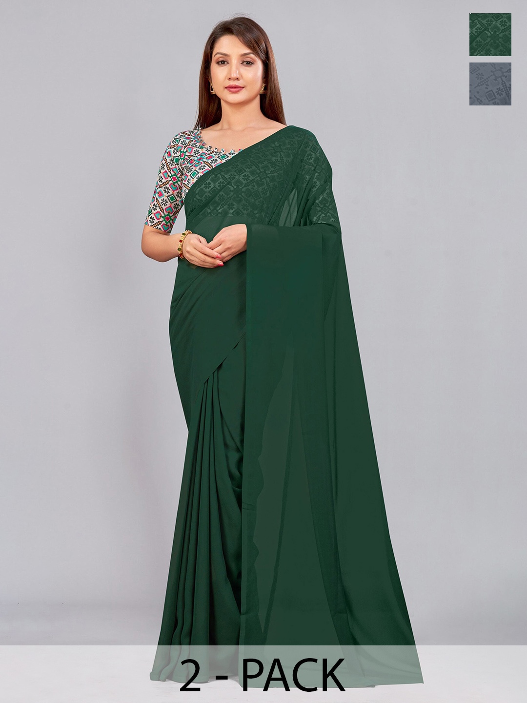 

CastilloFab Selection Of 2 Ethnic Pure Georgette Sarees, Green