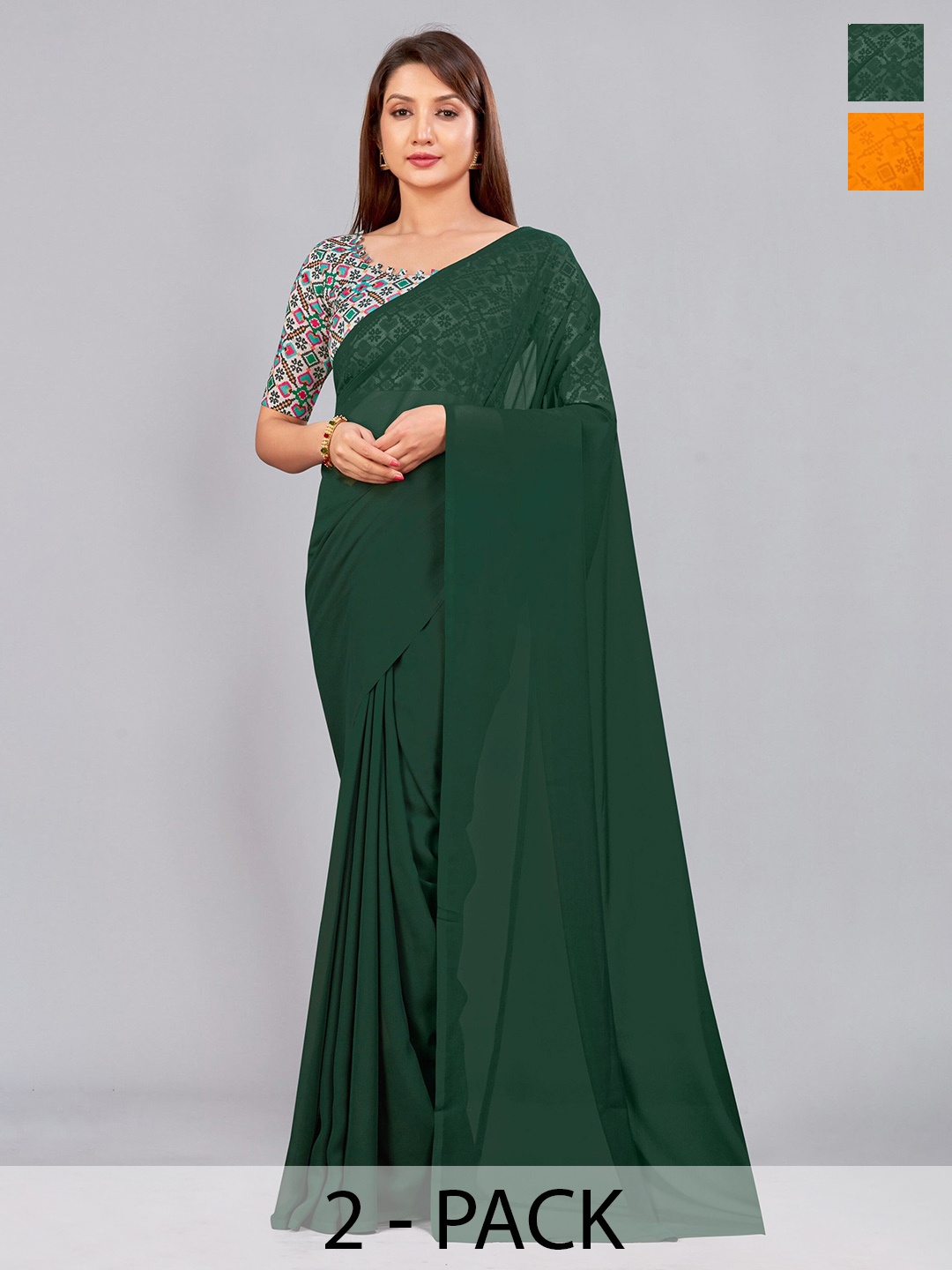 

CastilloFab Selection Of 2 Ethnic Pure Georgette Sarees, Green