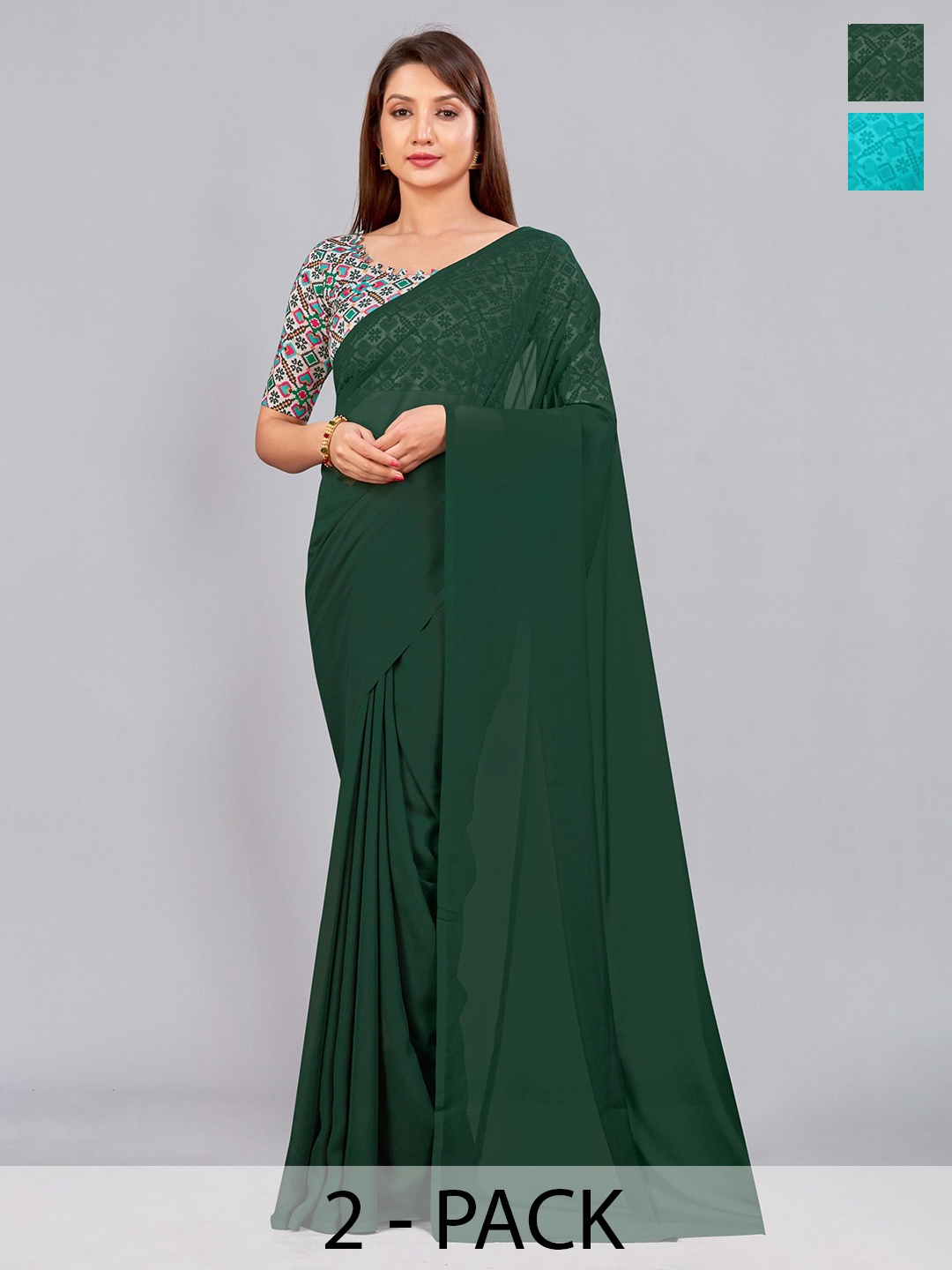 

CastilloFab Selection of 2 Pure Georgette Saree, Green