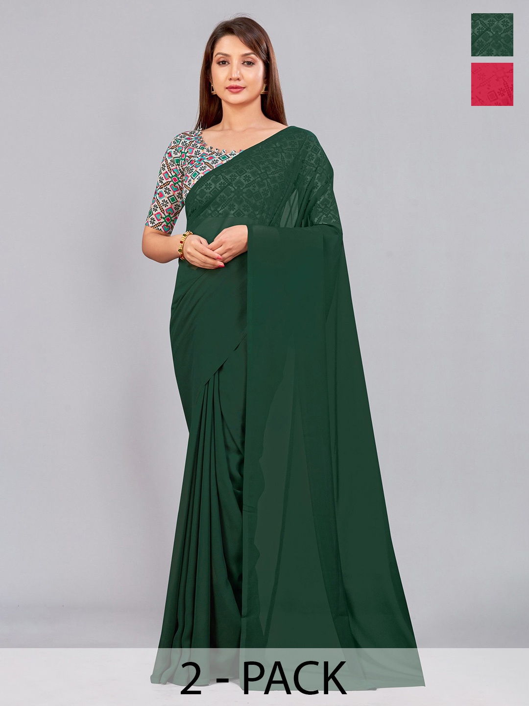 

CastilloFab Selection of 2 Pure Georgette Saree, Green