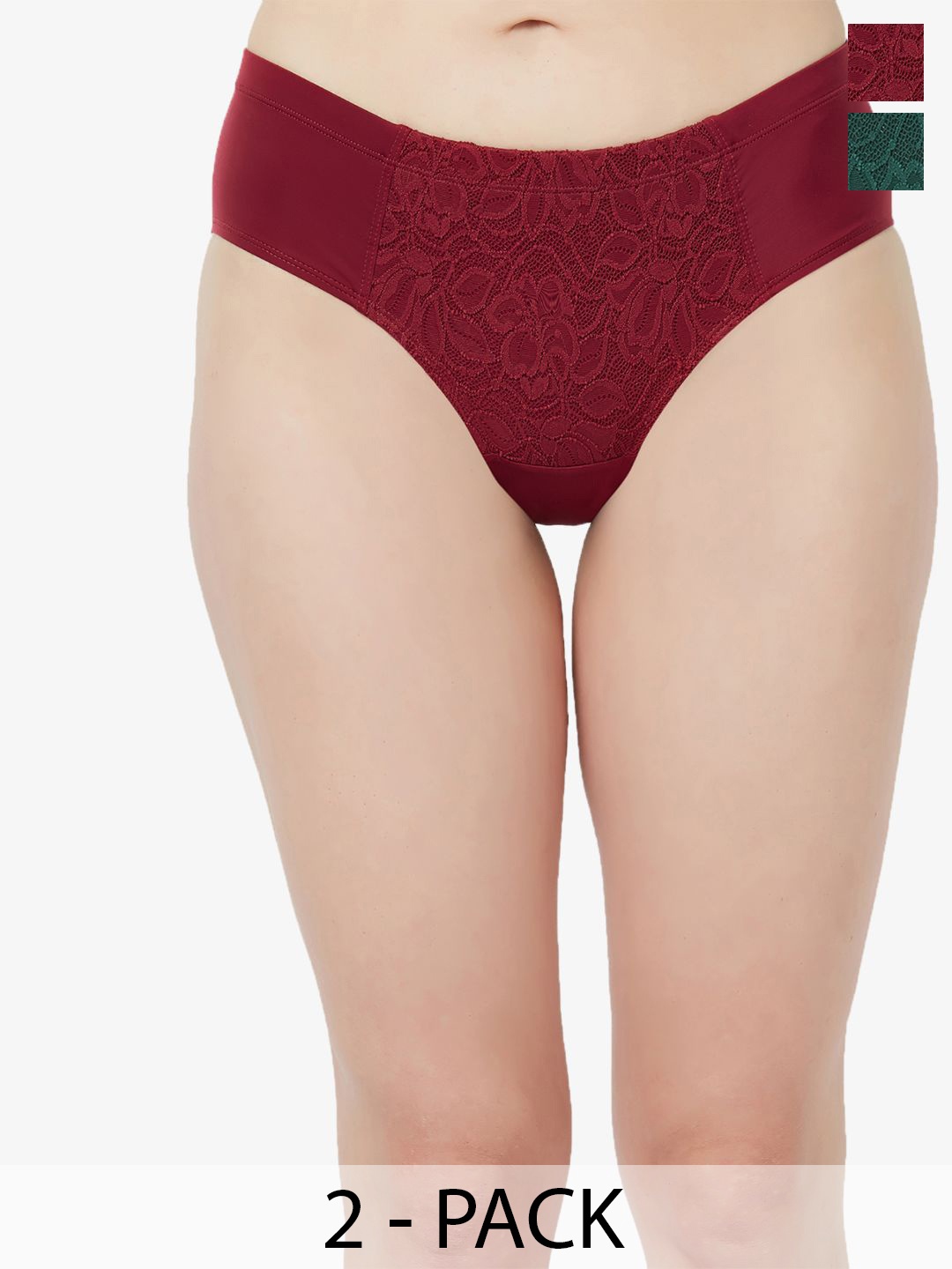 

Soie Pack Of 2 Self Design Lace Details Full Coverage High-Rise Hipster Briefs, Green