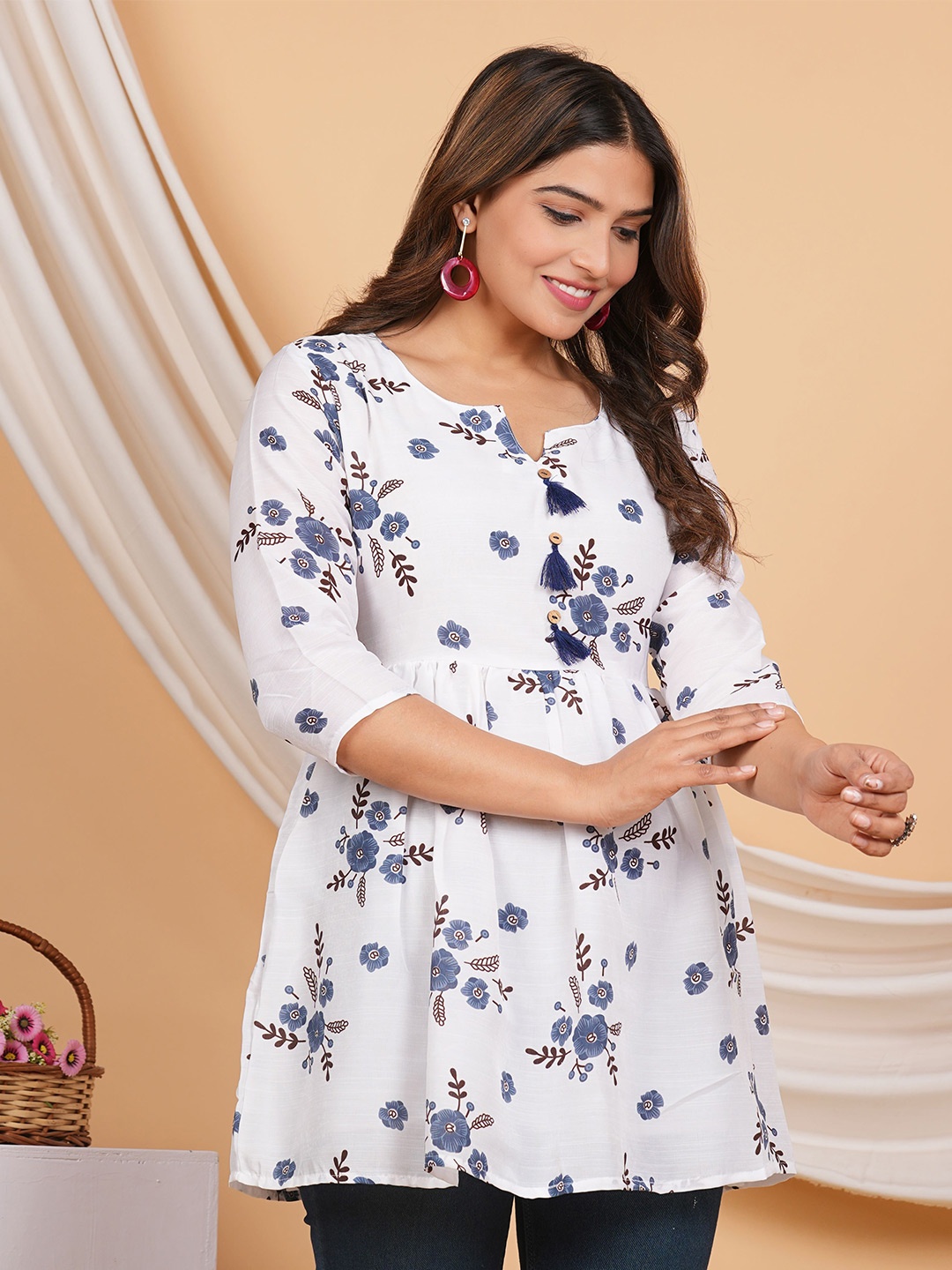 

ZOYOTO Floral Printed Pure Cotton Kurti, Blue