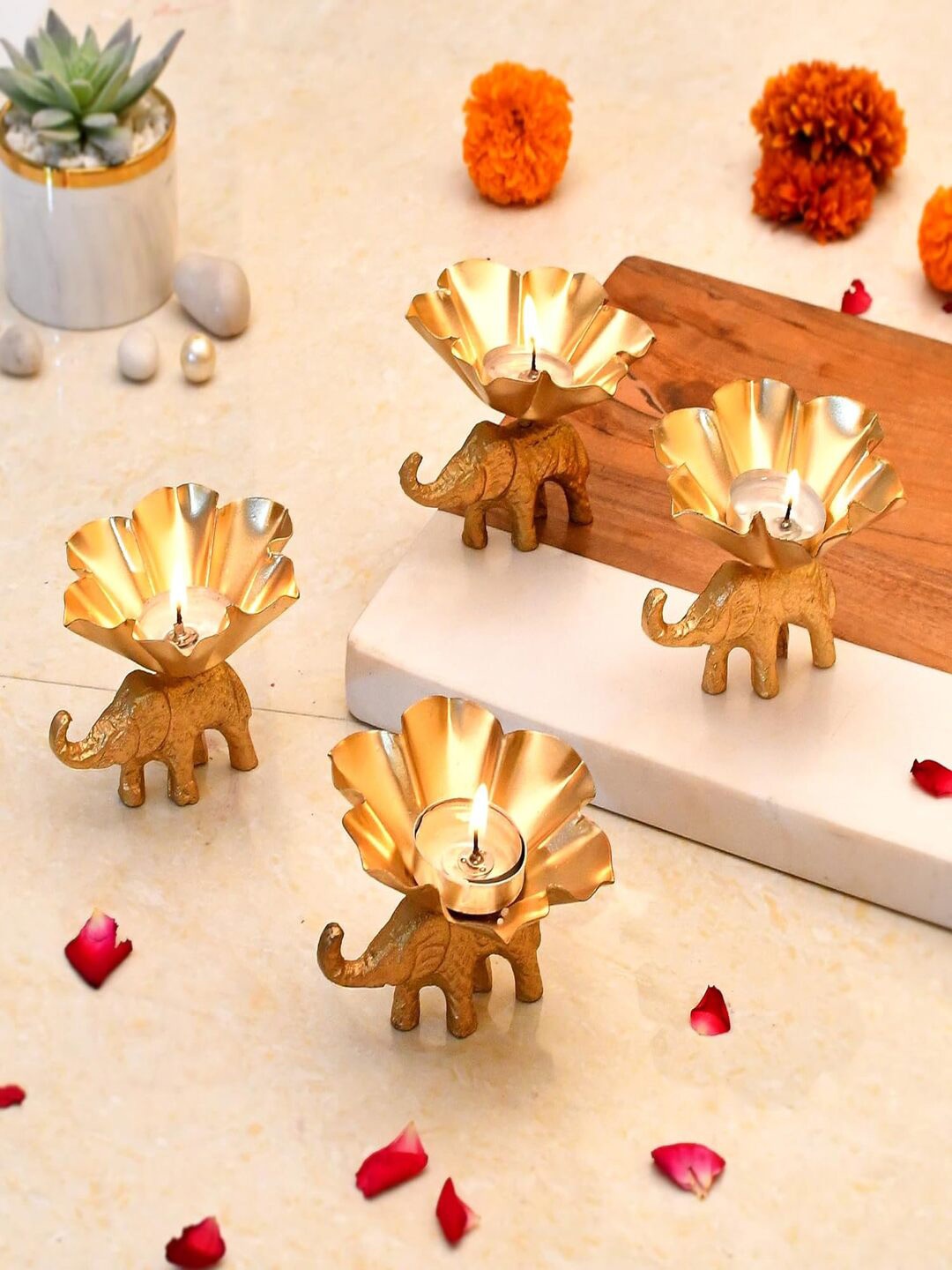 

CraftVatika Gold Toned 4 Pieces Metal Tea Light Candle Holders