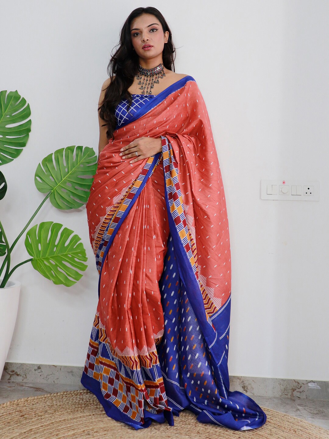 

Saree mall Ethnic Motifs Poly Cotton Bagh Ready to Wear Saree, Rust