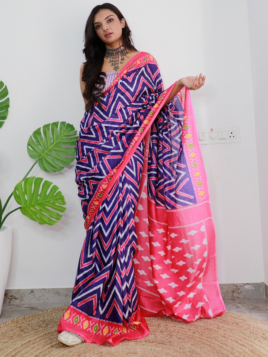 

Saree mall Poly Cotton Ikat Ready to Wear Saree, Blue